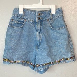 Vintage floral embroidered denim shorts